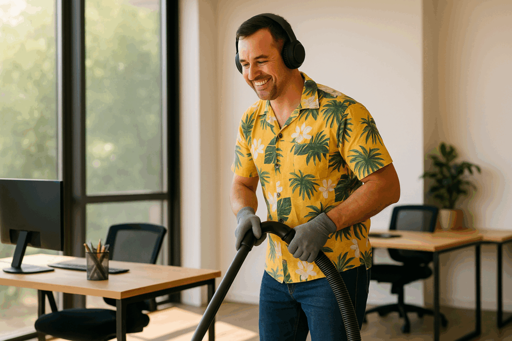 Man cleaning his office with summer shirt on. 